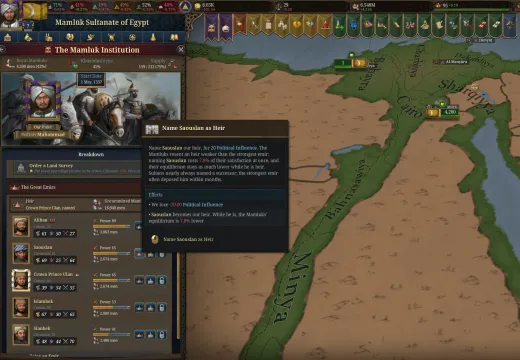 The Great Emirs in the Mamluk Institution panel, with the tooltip for naming an heir
