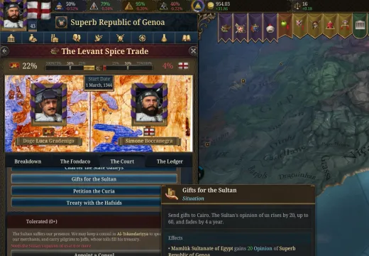 The Court tab with the Gifts for the Sultan tooltip