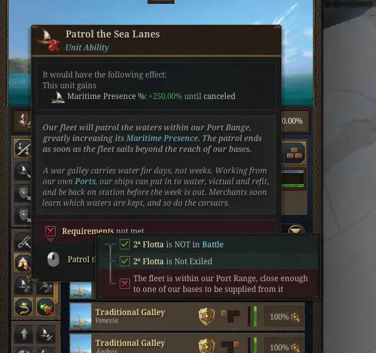 Tooltip for the Patrol the Sea Lanes unit ability