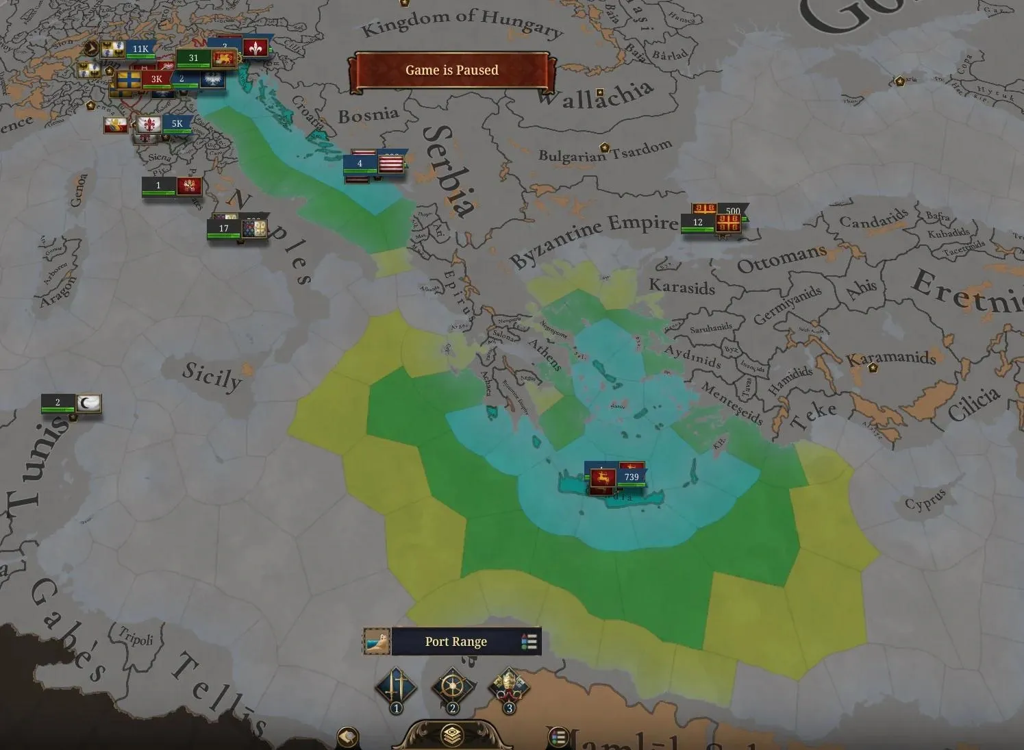 The Port Range map mode over the eastern Mediterranean